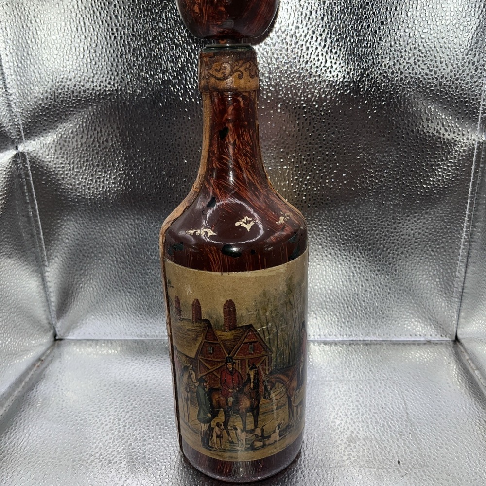 Vintage Italian Leather Wrapped Glass Decanter- Fox Hunting Scene Wooden Stopper